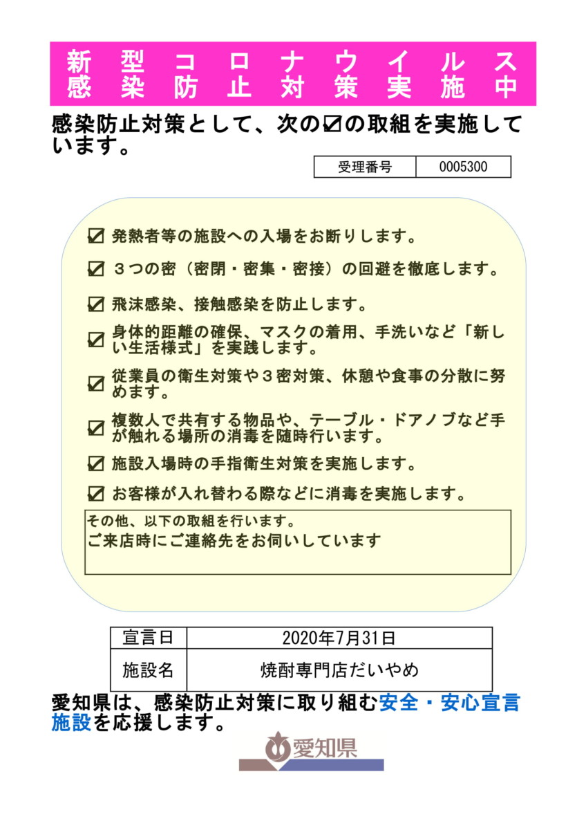 当店の新型コロナウイルスに対する感染防止策について